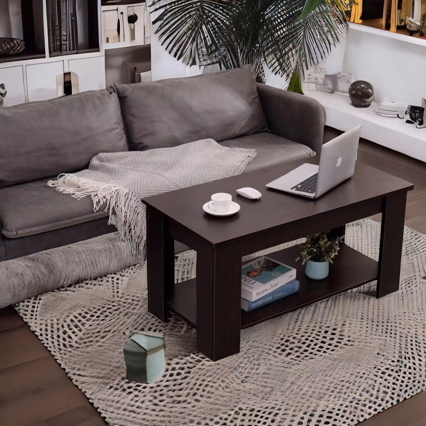 Rafaelo Mobilia Industrial Walnut Lift Top Coffee Table with Hidden Storage in Brown – 2