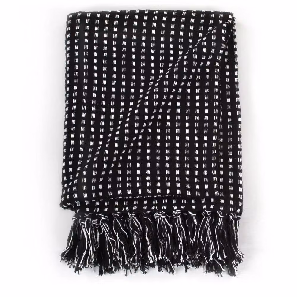 Berkfield Home Checked Cotton Throw with Fringes, Black, W/D/H: 125 x 150 cm – 3