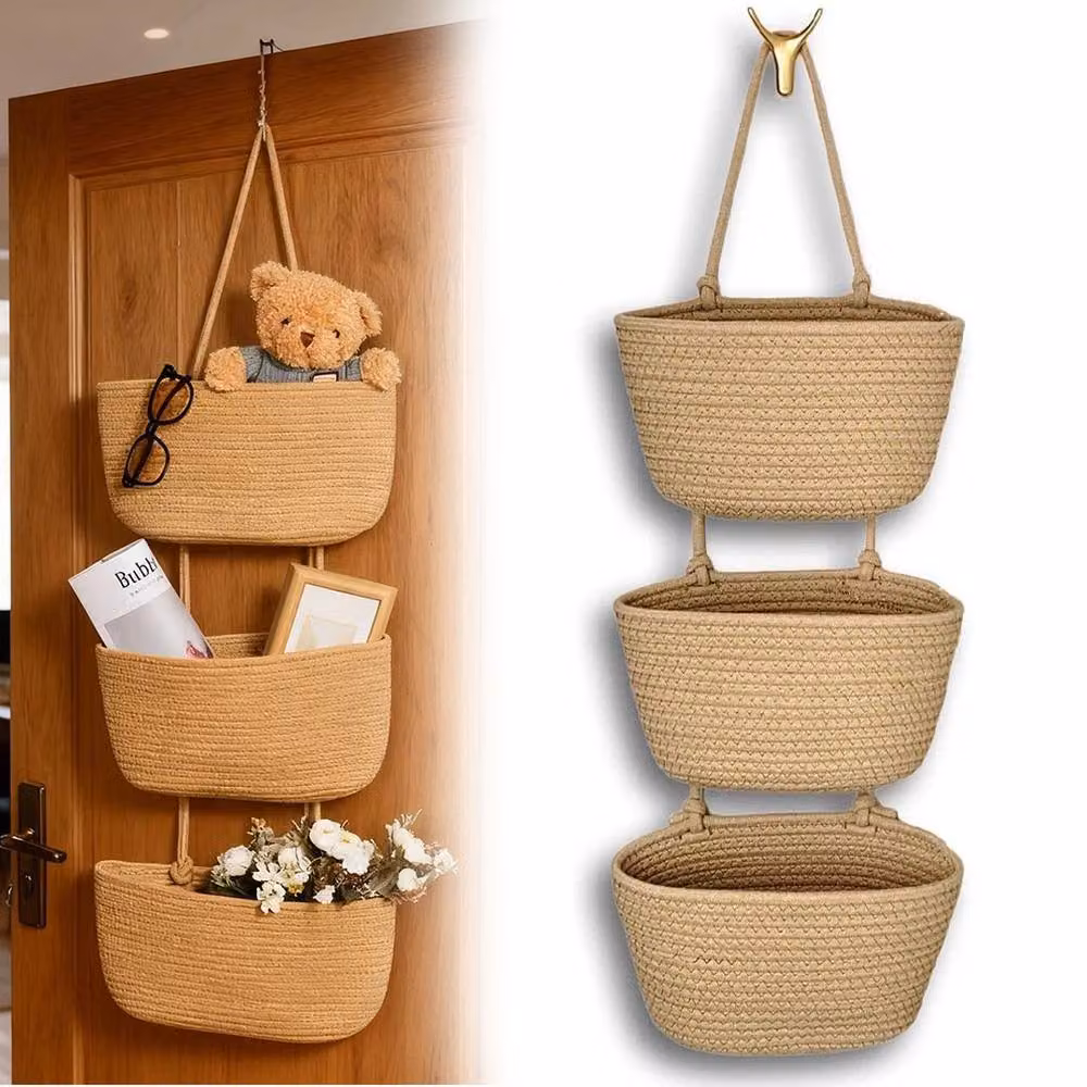 KORVIXA 2-Piece 3-Tier Cotton Rope Woven Hanging Basket in Beige, W/D/H: 90 x 90 x 90 cm – 2