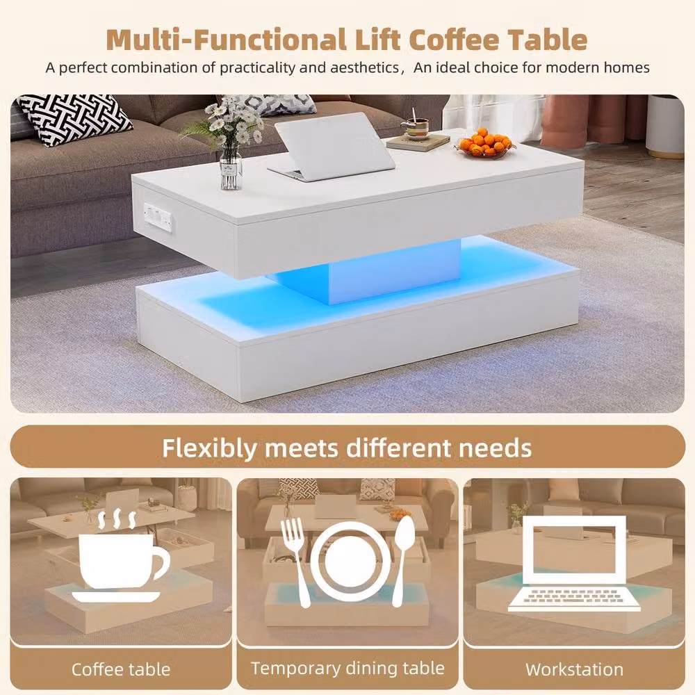 ModernLuxe Modern White Lift Top Coffee Table with LED Lighting and Hidden Storage – 2