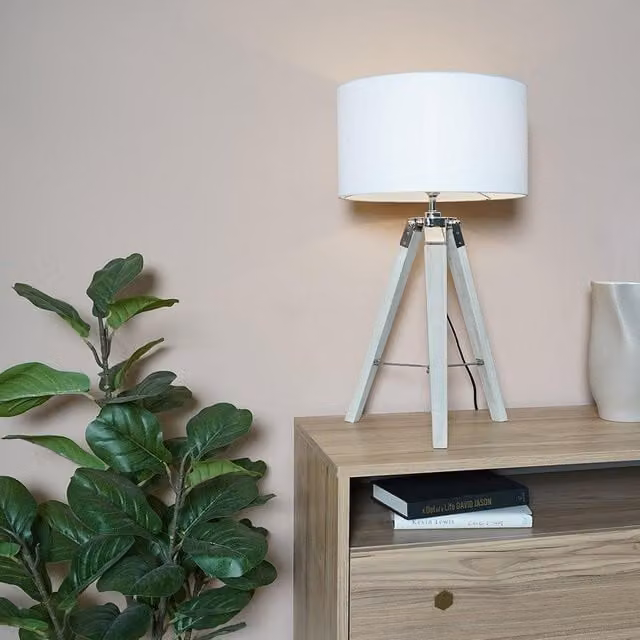 ValueLights Tripod Table Lamp in Brown Wood and Chrome with White Fabric Cylinder Shade