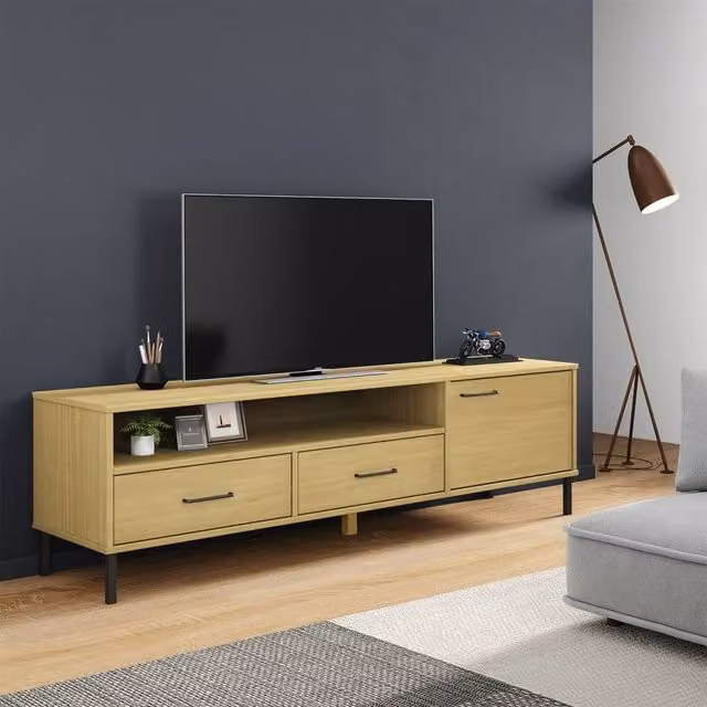 Berkfield Home Oslo TV Cabinet in Brown Solid Pine Wood with Metal Legs