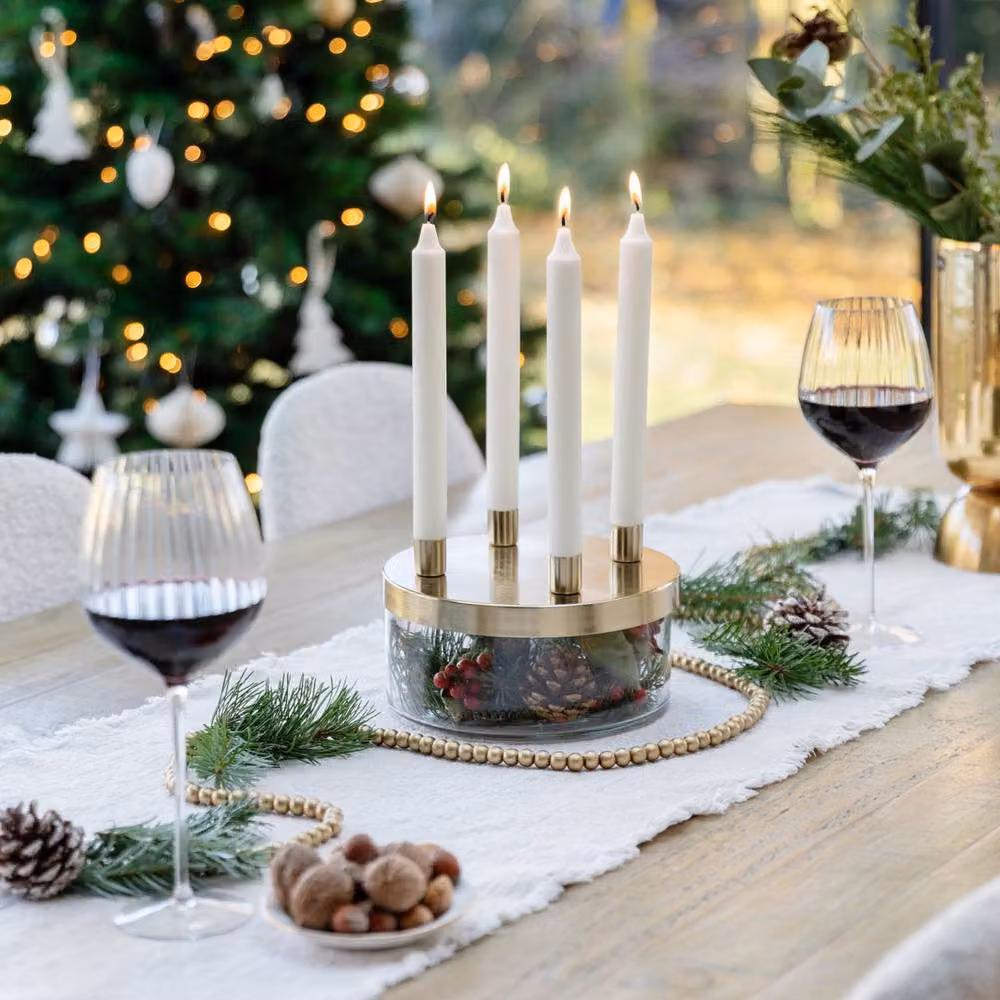 Lemon Pavilion Gold Round Metal and Glass Pillar Candle Holder Bowl, W: 20 cm, D: 20 cm, H: 9.5 cm – 2