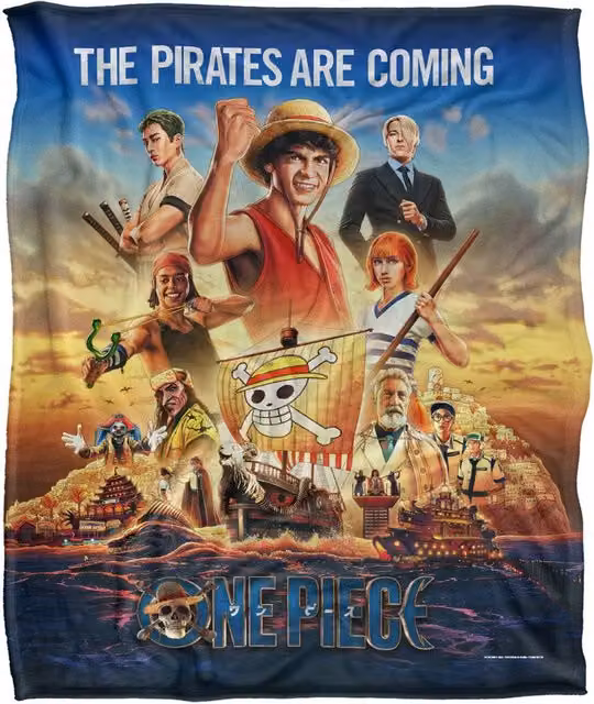 Netflix One Piece Straw Hat Crew Silky Touch Super Soft Fleece Throw Blanket, White and Multicolour, W/D/H: 152 x 127 cm
