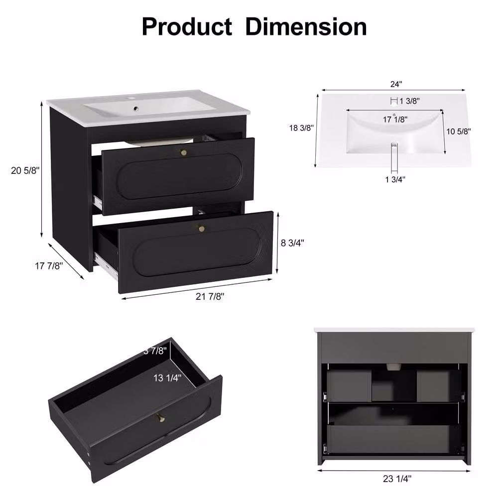 KEEPREAPER Mid-Century Wall Mounted Black Glossy Under Sink Bathroom Cabinet with Ceramic Wash Basin and Gold Details – 6