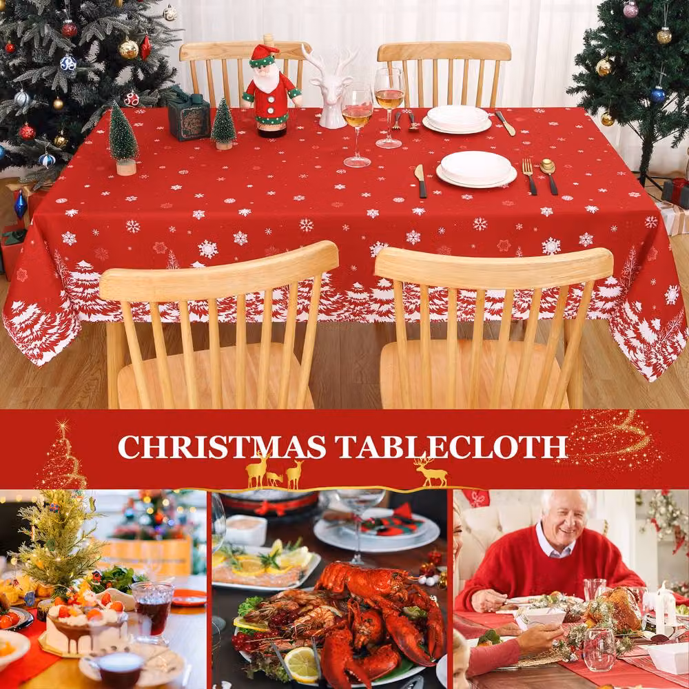 London Boutique Red and White Christmas Snow Floral Waterproof Wipeable Polyester Tablecloth W/D/H: 137.16 x 200.66 cm – 3