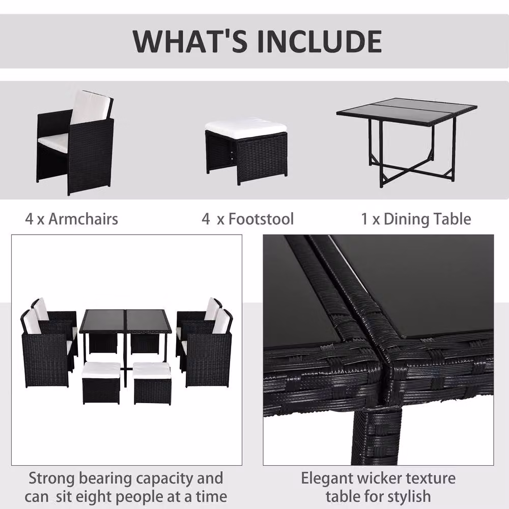 STILVORA 8-Seater Modern Dining Set in Black with Metal and Rattan Design – 5