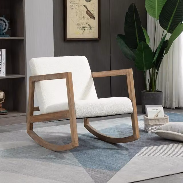 Chilli Seating Modern Boucle Fabric Rocking Chair with Armrests in Beige and White