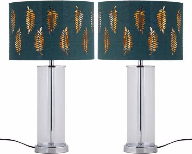 First Choice Lighting Aura Set of 2 Chrome Table Lamps with Green Fern Cut Out Silver Glass Shades, H 54.5 cm x W 30 cm x D 30 cm