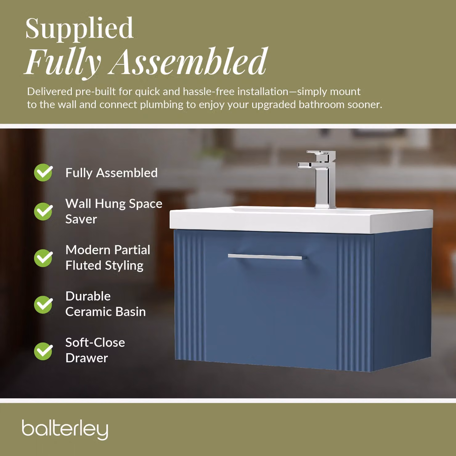 Balterley Wall Hung 1 Drawer Vanity Unit with Mid-Edge Basin, Satin Blue, W: 60 cm, D: 39.9 cm, H: 60 cm – 4