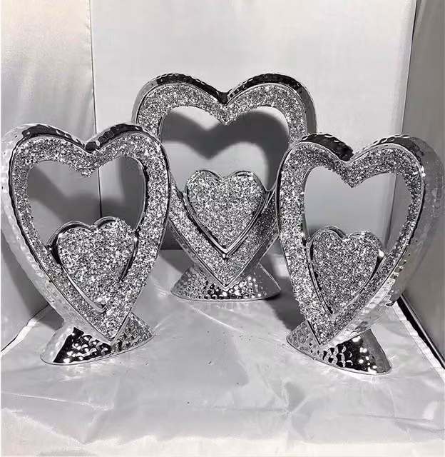 Biznest Set of 3 Silver Hearts Sparkle Ornament with Crushed Diamond Detail