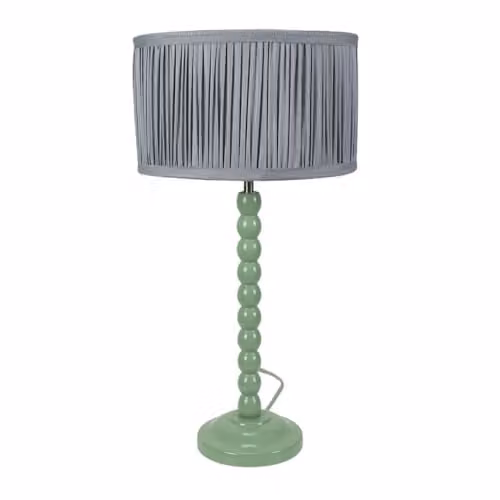 ValueLights Sage Green Bobbin Stem Table Lamp with Powder Blue Ruched Pleated Shade and Included LED Bulb