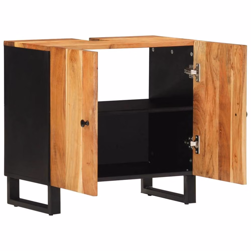 Berkfield Home Brown Acacia and Engineered Wood Freestanding Bathroom Sink Cabinet with Hinged Doors, W/D/H: 62 x 33 x 58 cm – 3