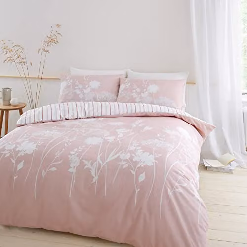 Catherine Lansfield Meadowsweet Floral Reversible Double Duvet Cover and Pillowcase Set in Pink and Green, W/D/H: 200 x 200 cm and 50 x 75 cm