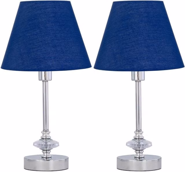 First Choice Lighting Set of 2 Chrome Jewelled Table Lamps with Navy Blue Fabric Shades – 1