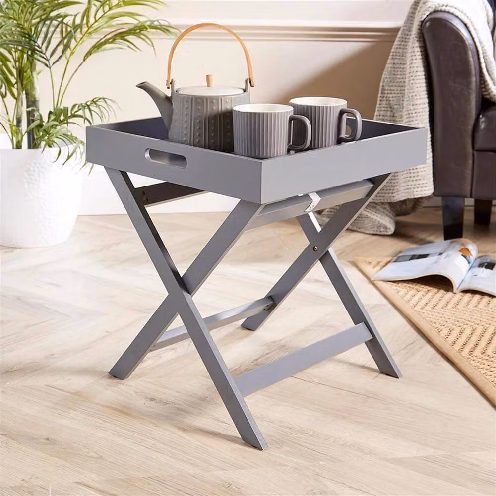 NESTLUNE Grey and White Folding Butler Side Table with Rectangular Top and X-Frame Design – 2