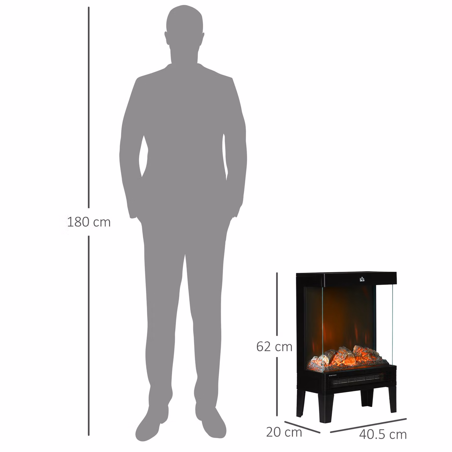 HOMCOM Black Freestanding Electric Fireplace Heater with LED Flame Effect and Glass Detail – 3