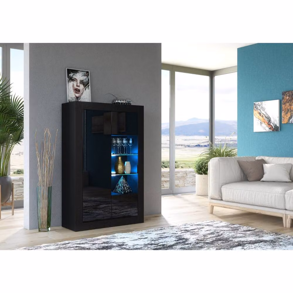 Mex Furniture LTD Arcadia Display Cabinet in Black with Glossy Glass Doors and LED Lighting, W/D/H: 140 x 35 x 93 cm – 2