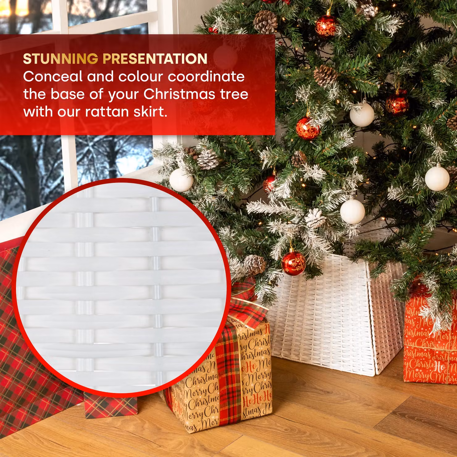 Christmas Village Square Rattan Christmas Tree Skirt in Grey and White – 4