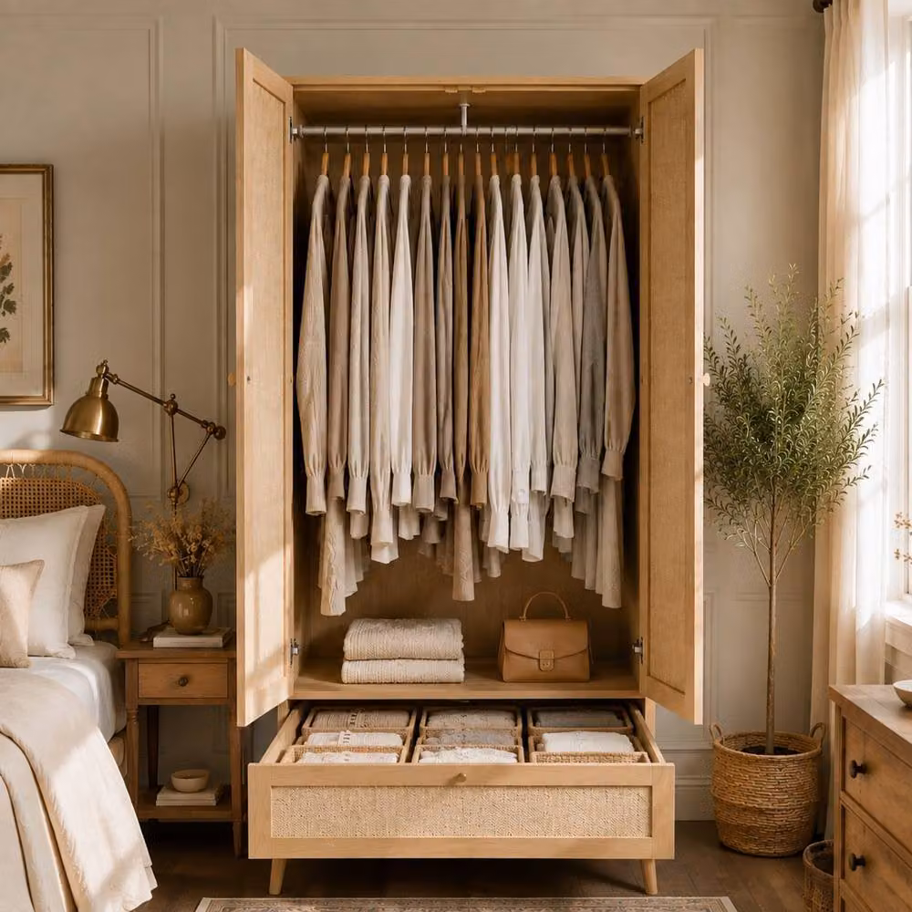 Matteo 2 Door Double Wardrobe with Integrated Drawers in Rattan-Effect Oak Finish, Brown and Beige, H 180 x W 80 x D 55 cm – 4