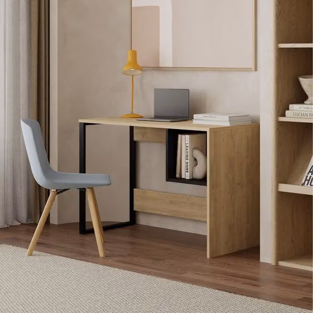 Decortie Model-4 Modern Computer Desk with Square Shelf in Black and Brown, W: 110 cm, H: 75 cm, D: 50 cm