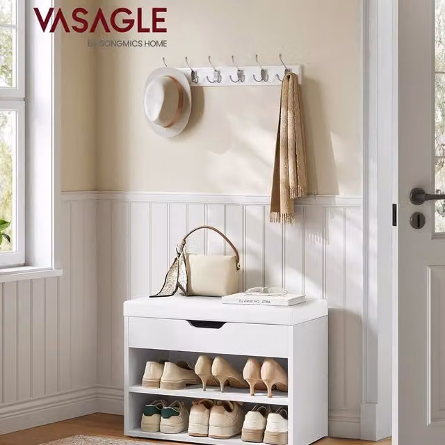 VASAGLE Modern White Shoe Storage Bench for Hallways