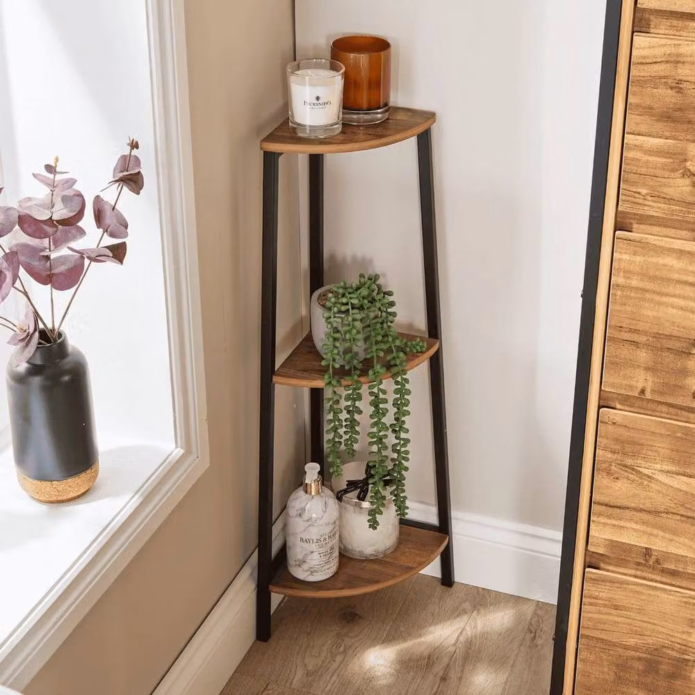 FLAVORA Modern 3 Tier Freestanding Corner Bathroom Storage Shelf in Brown and Black – 2