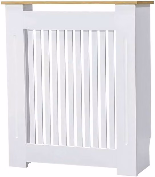 FORGEVIO Small Vertical Radiator Cover in White with Wood Texture Top, W/D/H: 78 x 20 x 92.5 cm