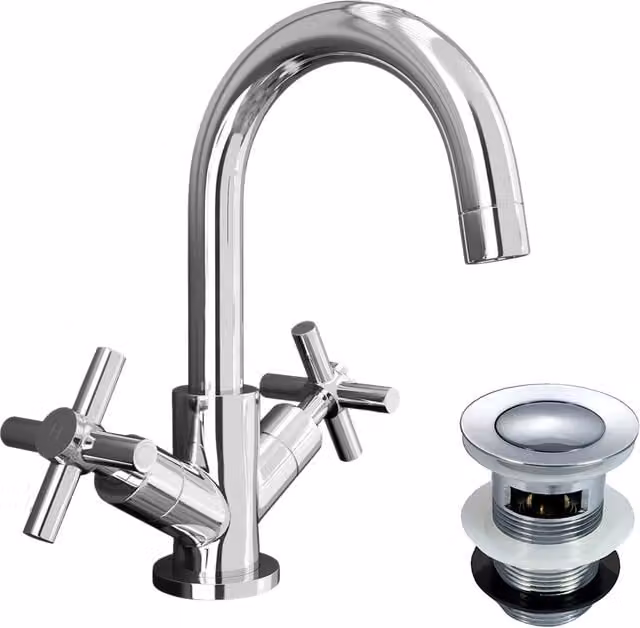 Nes Home Chrome Mono Basin Mixer Tap with Two Handles and Pop Up Waste in Silver – 1