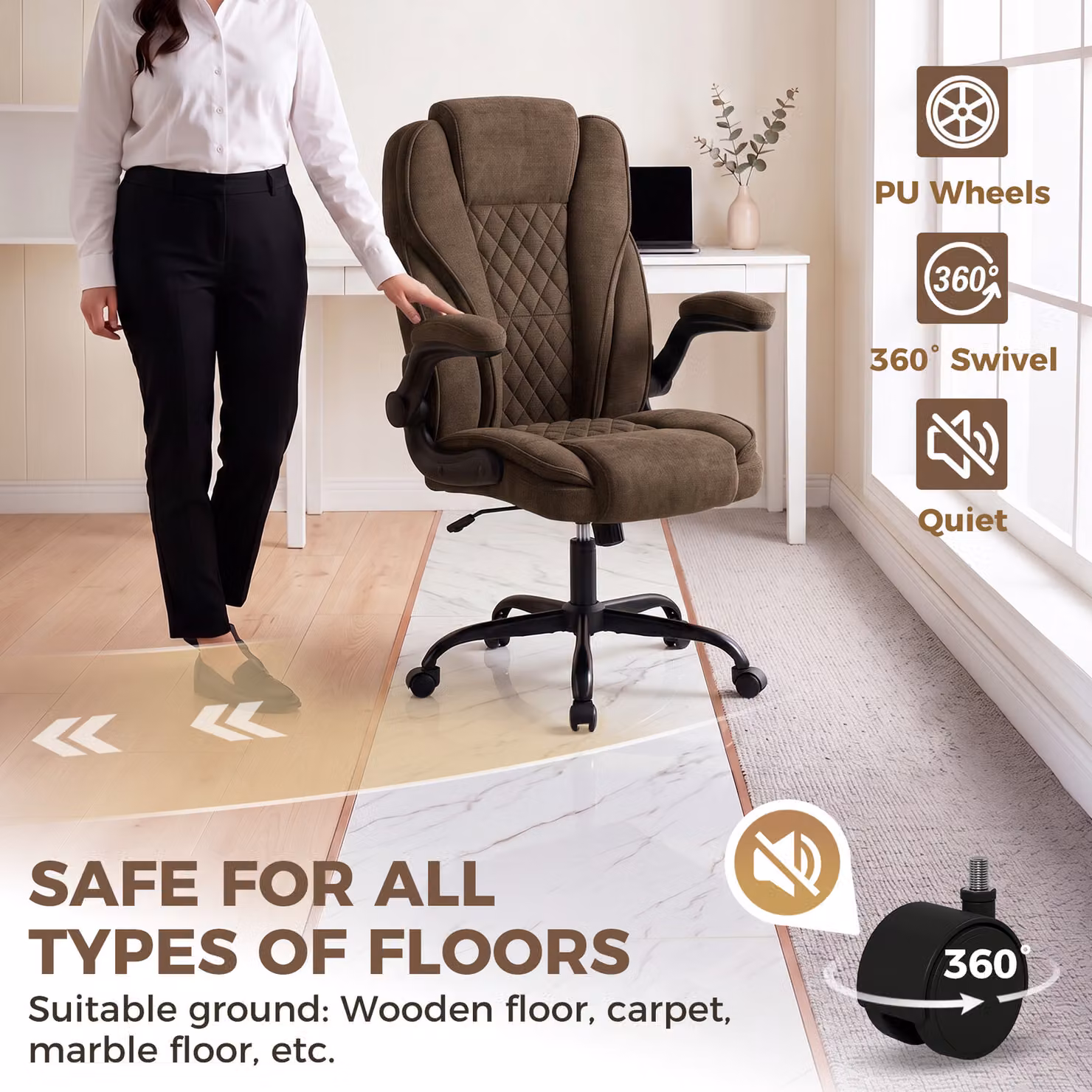 HOMCOM Ergonomic Brown Fabric Office Chair with Swivel Wheels and Adjustable Height – 6
