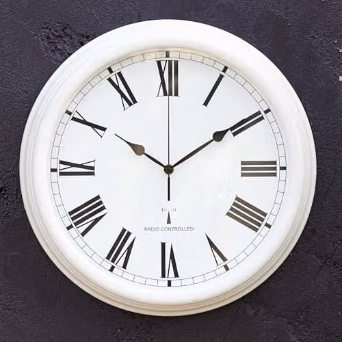 Primrose Radio Controlled Outdoor Garden Clock in Antique White, Diameter: 38 cm