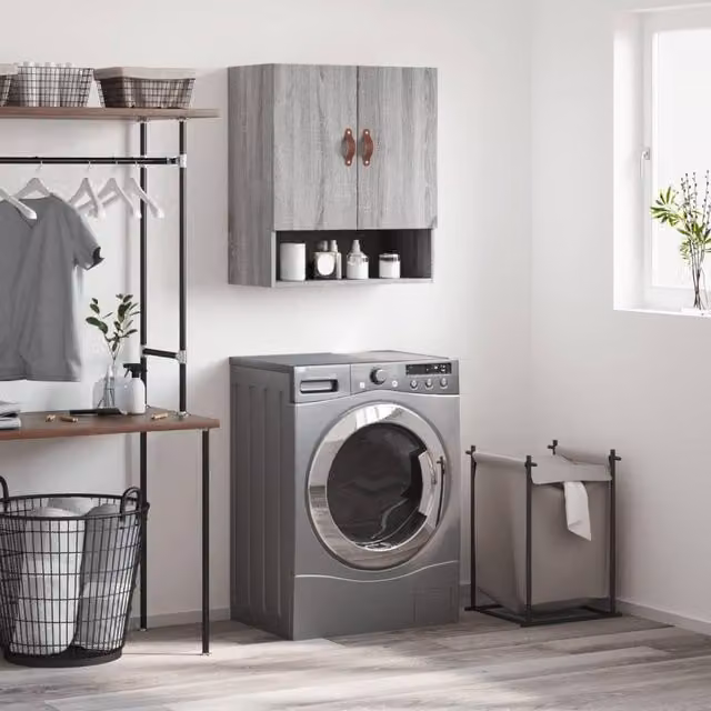 Berkfield Home Grey Sonoma Wall Cabinet with Hinged Doors and Open Shelf, W/D/H: 60 x 31 x 70 cm – 1