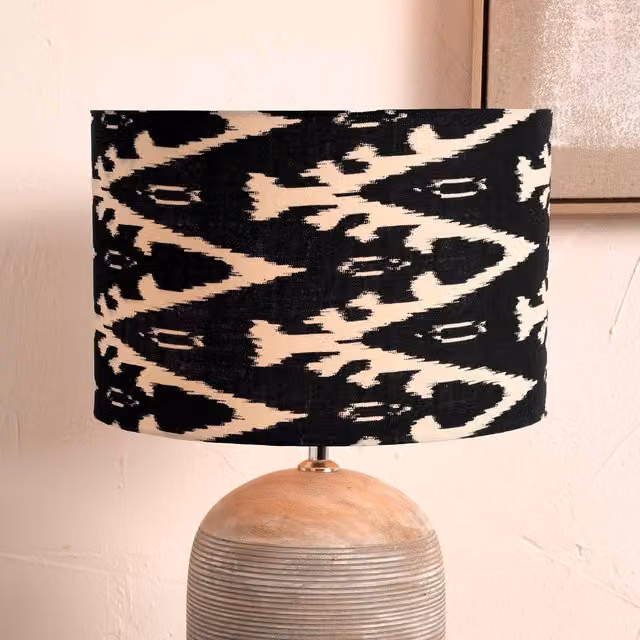 Ruma Black and White Ikat Patterned Cylinder Fabric Lampshade for Table Lamps, Diameter: 30.48 cm – 1