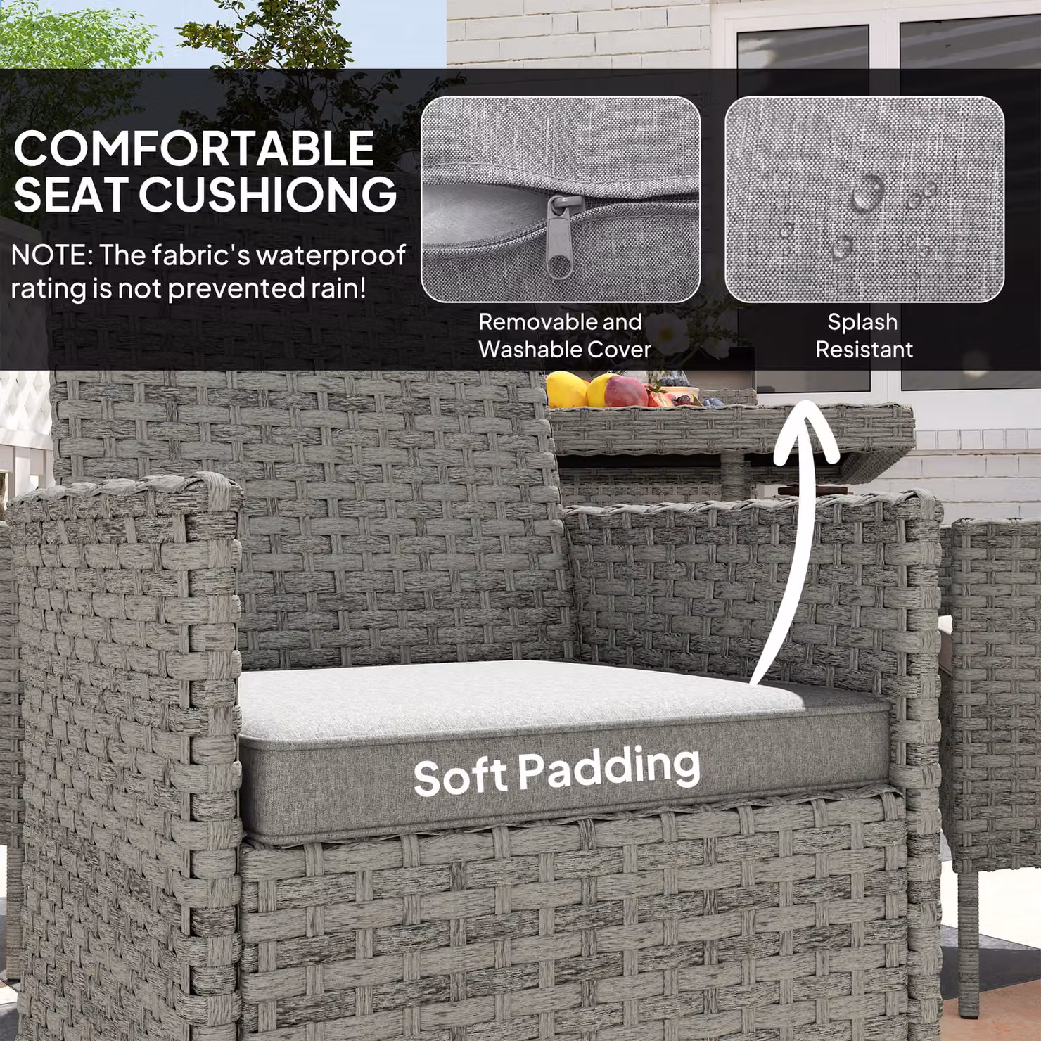Outsunny Grey Rattan Garden Furniture Set with 4 Armchairs, Square Tempered Glass Top Dining Table and Cushions – 4