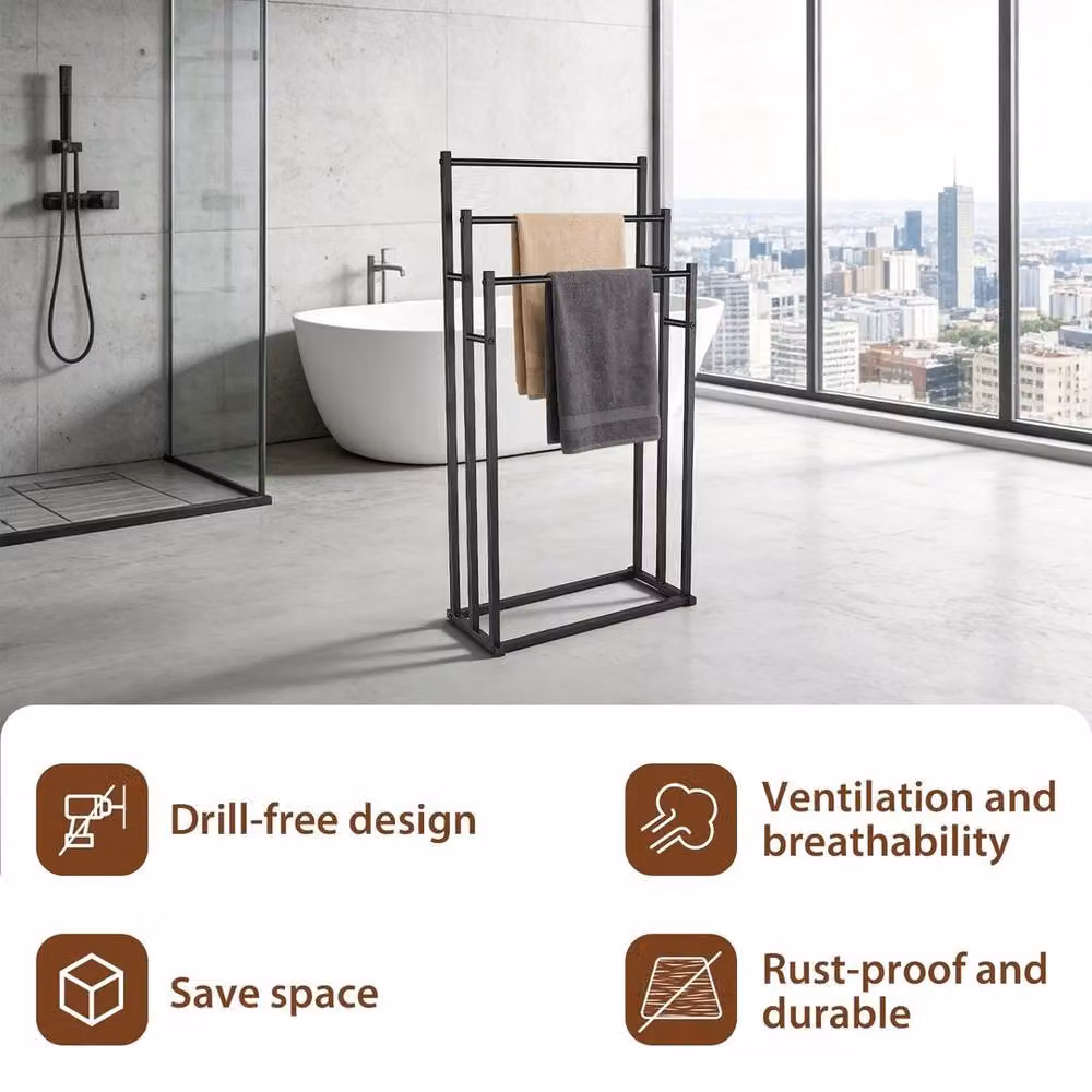 KORVIXA 3-Tier Freestanding Steel Towel Rack in Black, W: 60 cm, H: 60 cm – 5