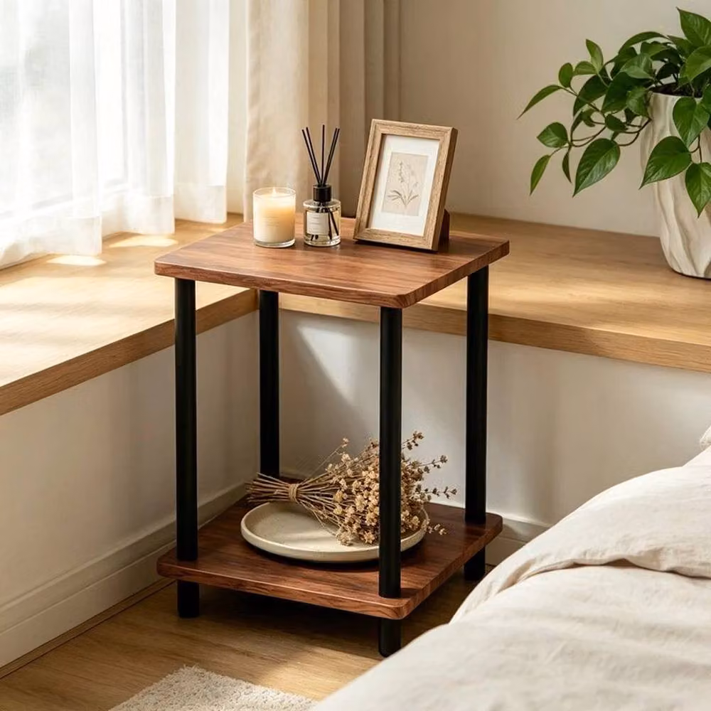 KORVIXA 2 Tier Modern Brown Wood Side Table and Nightstand W/D/H: 100 x 100 x 100 cm – 4