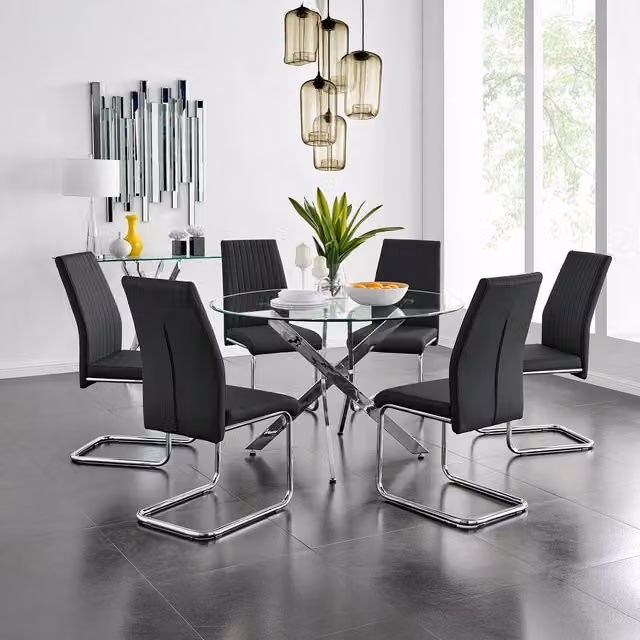 FurnitureboxUK Novara Chrome Metal and Glass Round Dining Table with 6 Lorenzo Chairs in Black, Diameter: 120 cm