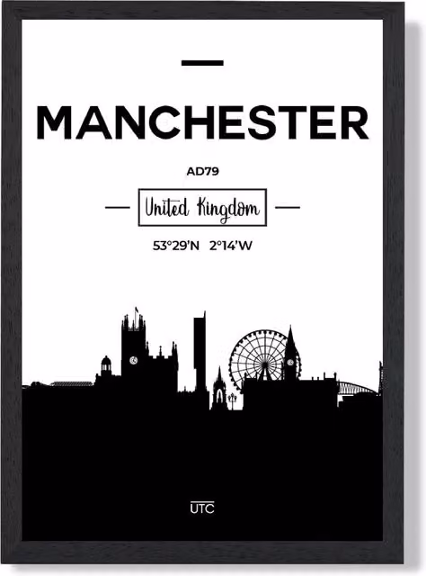ARTZE Manchester Black and White City Skyline Framed Print – 1