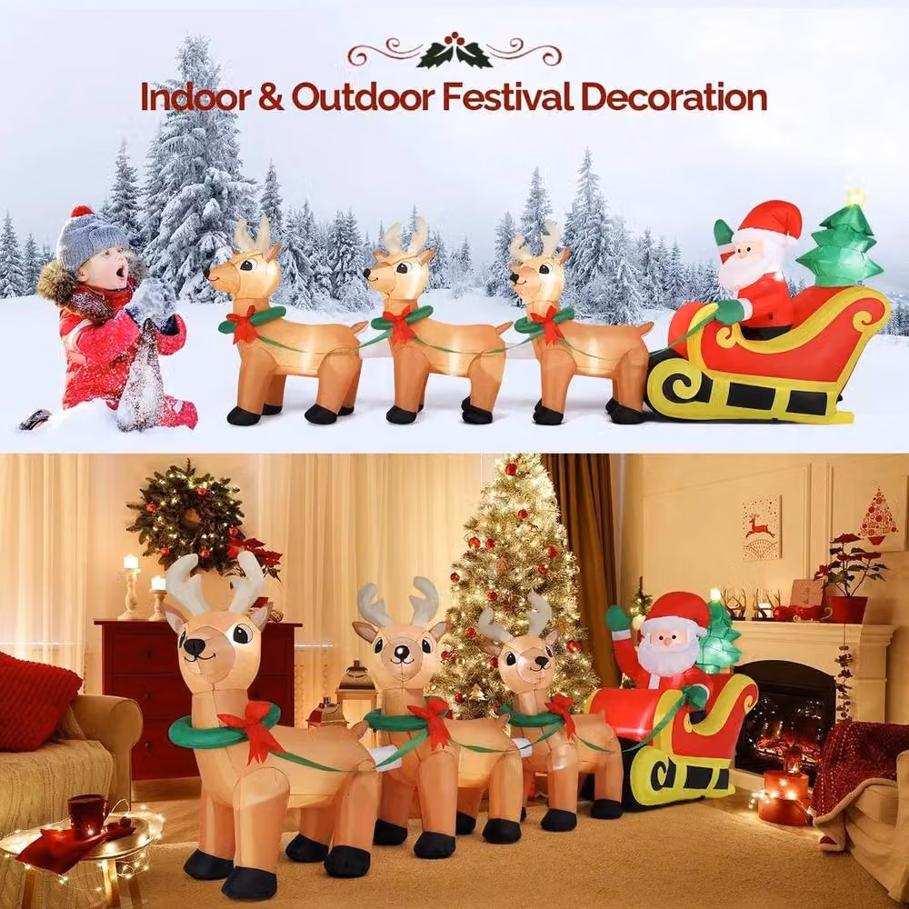 PAWNORA Red and Multicolour Inflatable Christmas Santa and Reindeer with Sleigh – 3