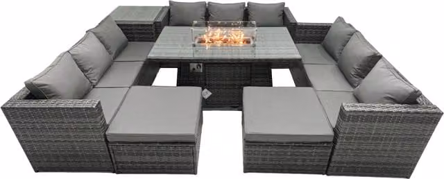 Fimous 10 Seater Rattan Garden Furniture Firepit Set with Glass Top Dining Table and Side Tables in Dark Grey – 1