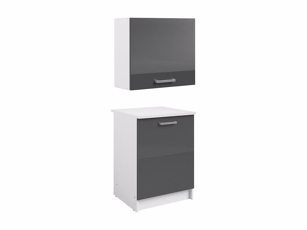 Vente-unique Glossy Grey Kitchen Unit Set Including 1 Base Cabinet and 1 Wall Cabinet with 2 Hinged Doors – 3