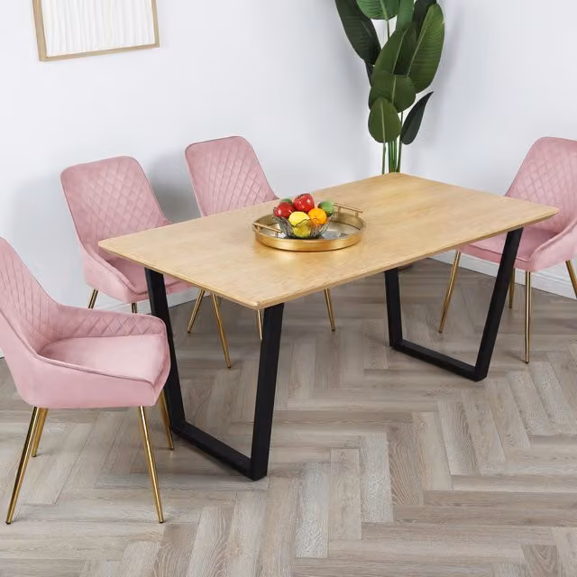 Home Garden Direct Oak Dining Table Set with 4 Hamilton Pink Velvet Chairs and Gold Legs