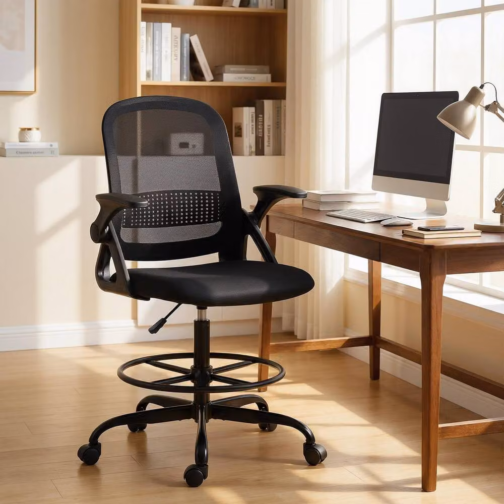 STILVORA Black Fabric Drafting Chair with Flip-up Armrests and Foot Ring – 2
