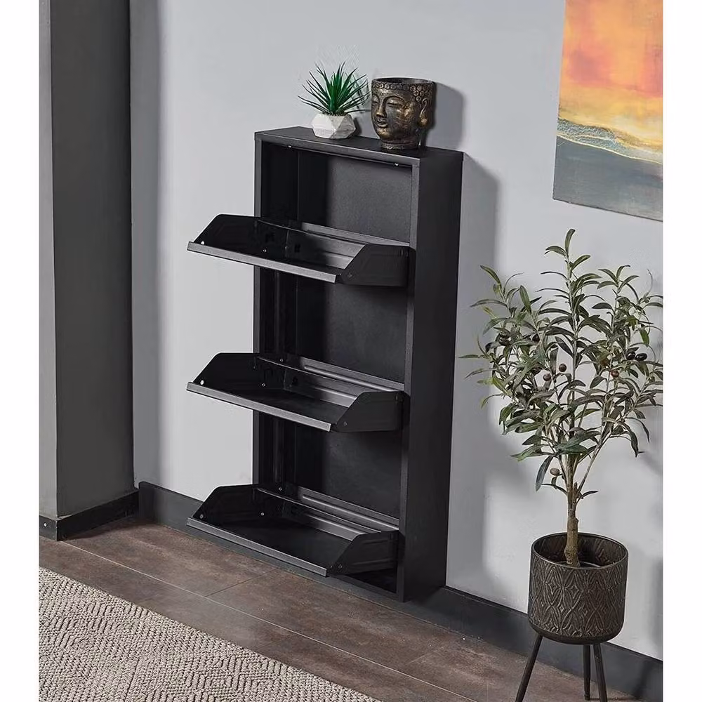 FLAVORA Modern Black Matt Metal Shoe Storage Cabinet with Pull Out Rack and Internal Shelves, W: 100 cm, D: 15 cm, H: 3 cm – 2