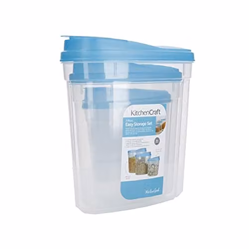 KitchenCraft BPA-Free Plastic Dry Food Storage Containers with Clip Lids, 3-Piece Set in Transparent and Blue – 1