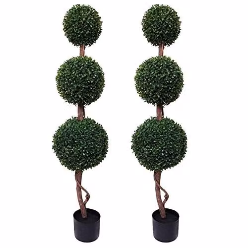 GreenBrokers Set of 2 Triple Ball Artificial Boxwood Topiary Trees, Green, Height: 120 cm