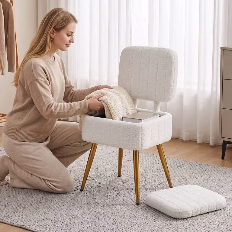FORGEVIO White Vanity Stool Storage Ottoman with Metal Frame and Fabric Upholstery