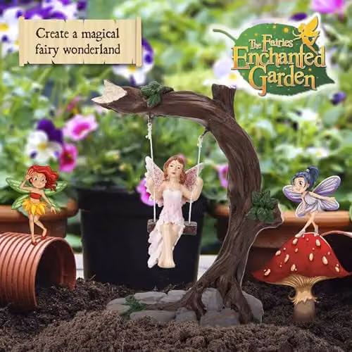 PMS Resin Fairy on a Swing Garden Ornament in Brown and Multicolour, W/D/H: 18.5 x 20.0 x 14.0 cm – 3
