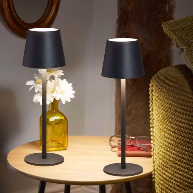 Marco Paul Pack of 2 Onyx Black Metal Rechargeable LED Table Lamps, Height: 33 cm