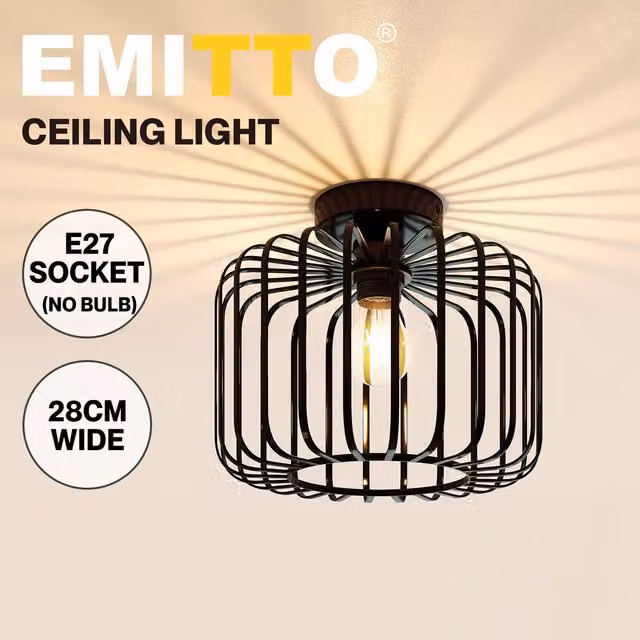 Emitto Industrial Metal Cage Semi Flush Ceiling Light, Black, Diameter: 28 cm